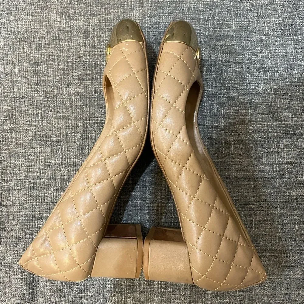 Tory Burch Kaitlin Quilted Leather Gold Cap-Toe Pumps Heels Women’s Size 5.5